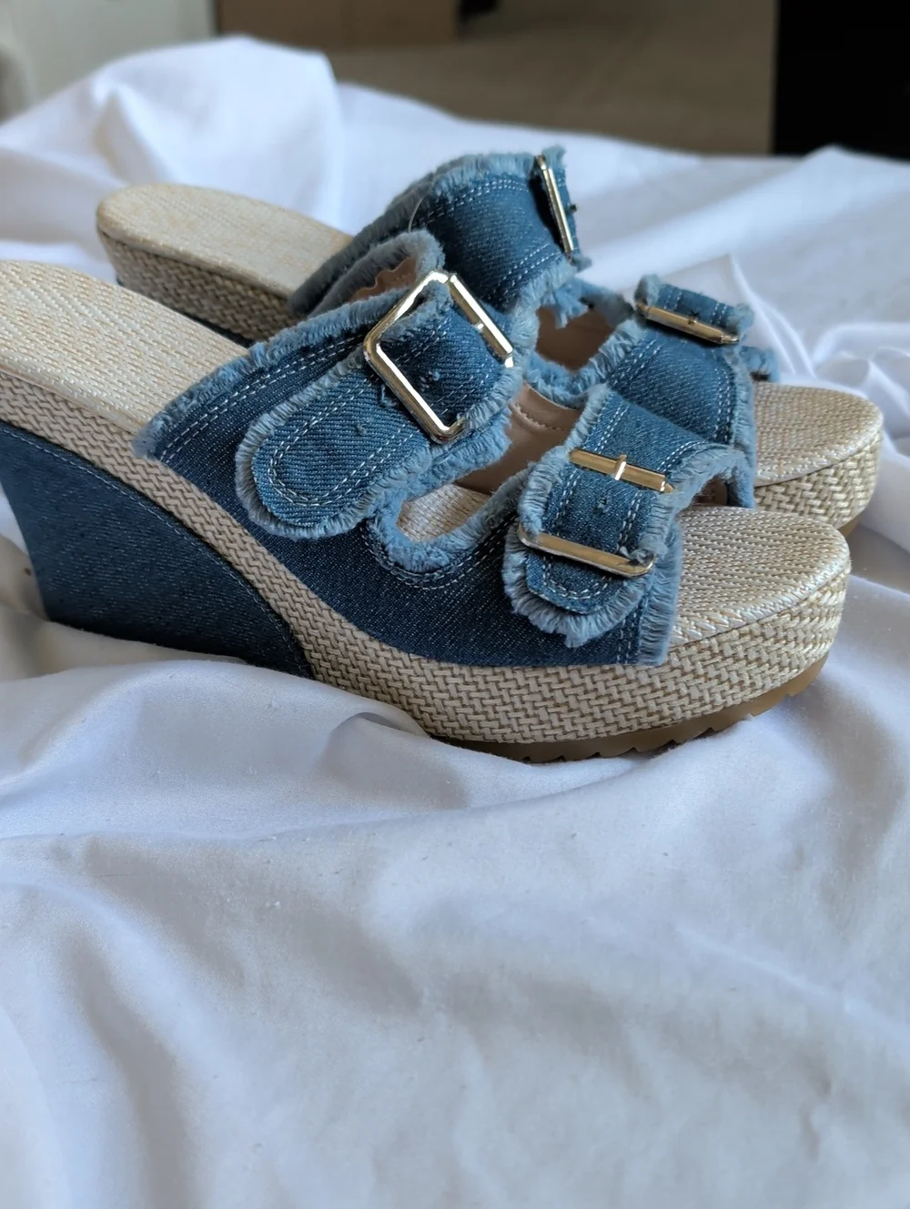 Denim Blue Wedge Sandals with Buckle Straps